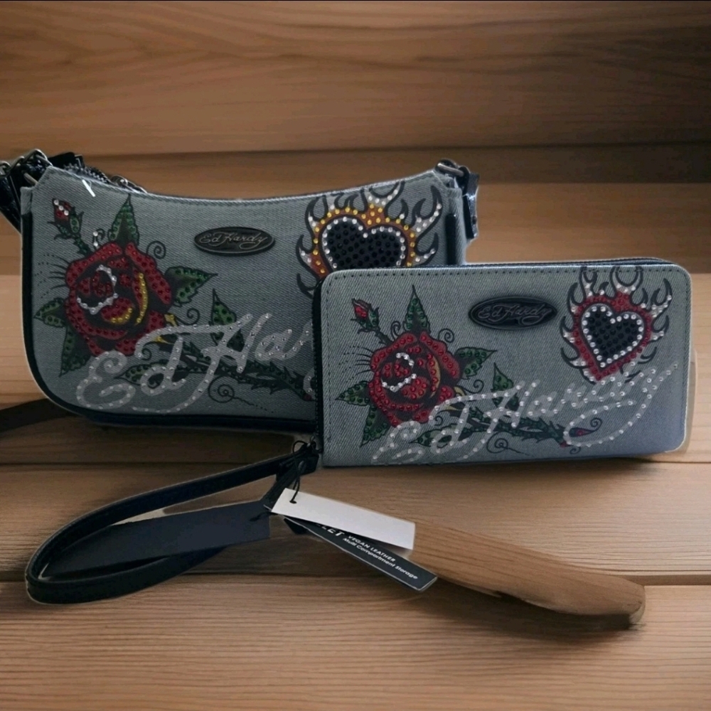Ed Hardy Gray Shoulder Bag with Red Rose and Black Heart